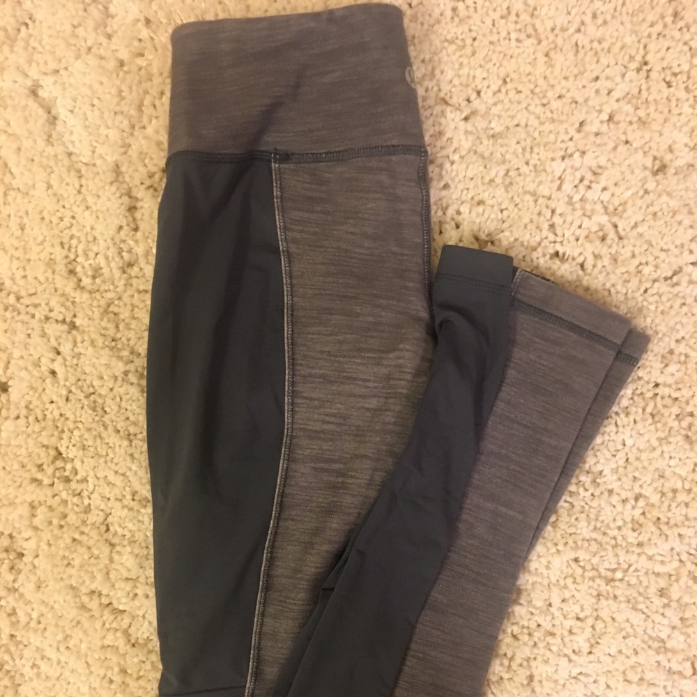Lululemon grey denim with dark grey luon on legs 2